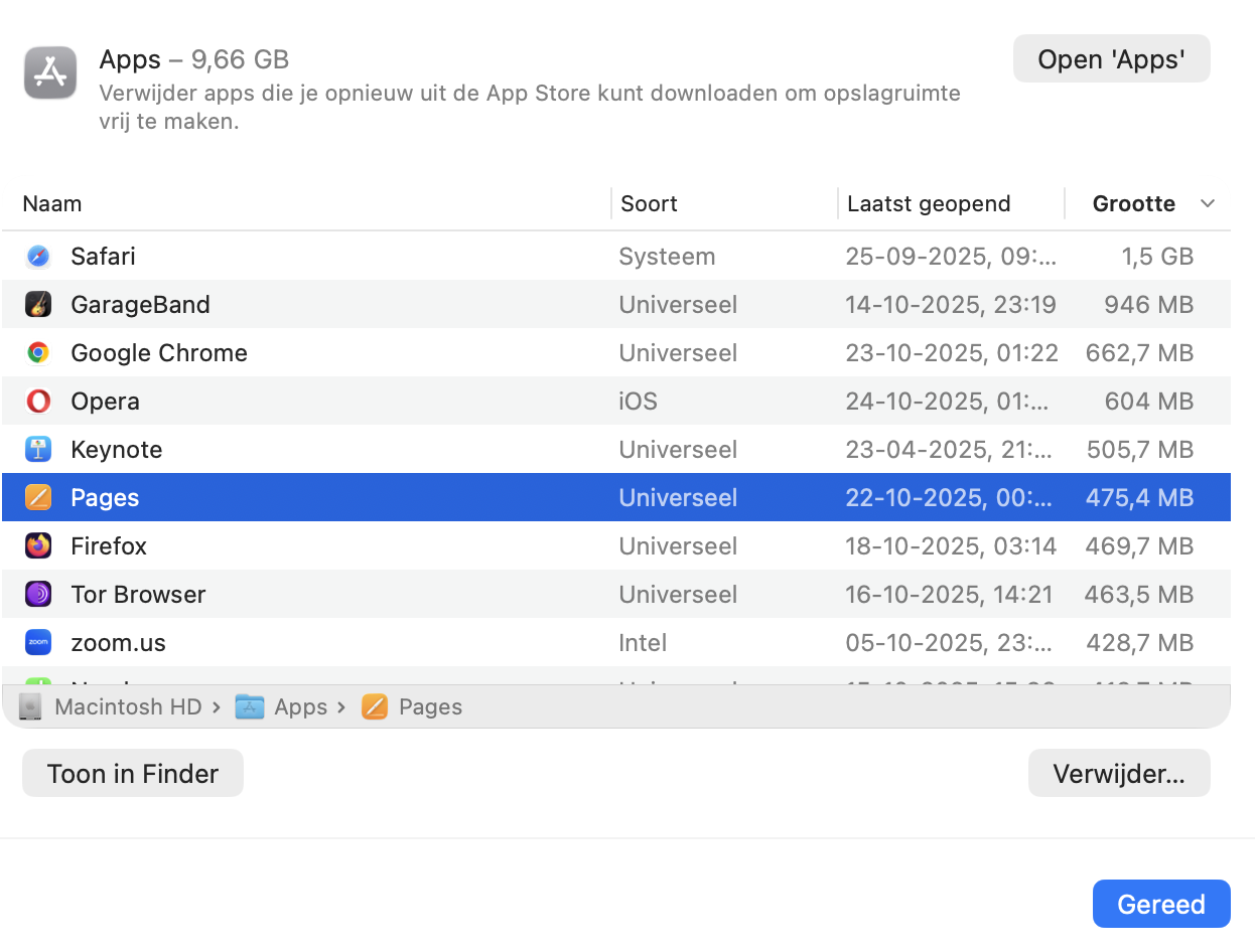 In het gedeelte Apps van de opslaginstellingen van je Mac kun je alle geïnstalleerde apps bekijken, zien wanneer ze voor het laatst zijn gebruikt en hoeveel ruimte ze innemen.