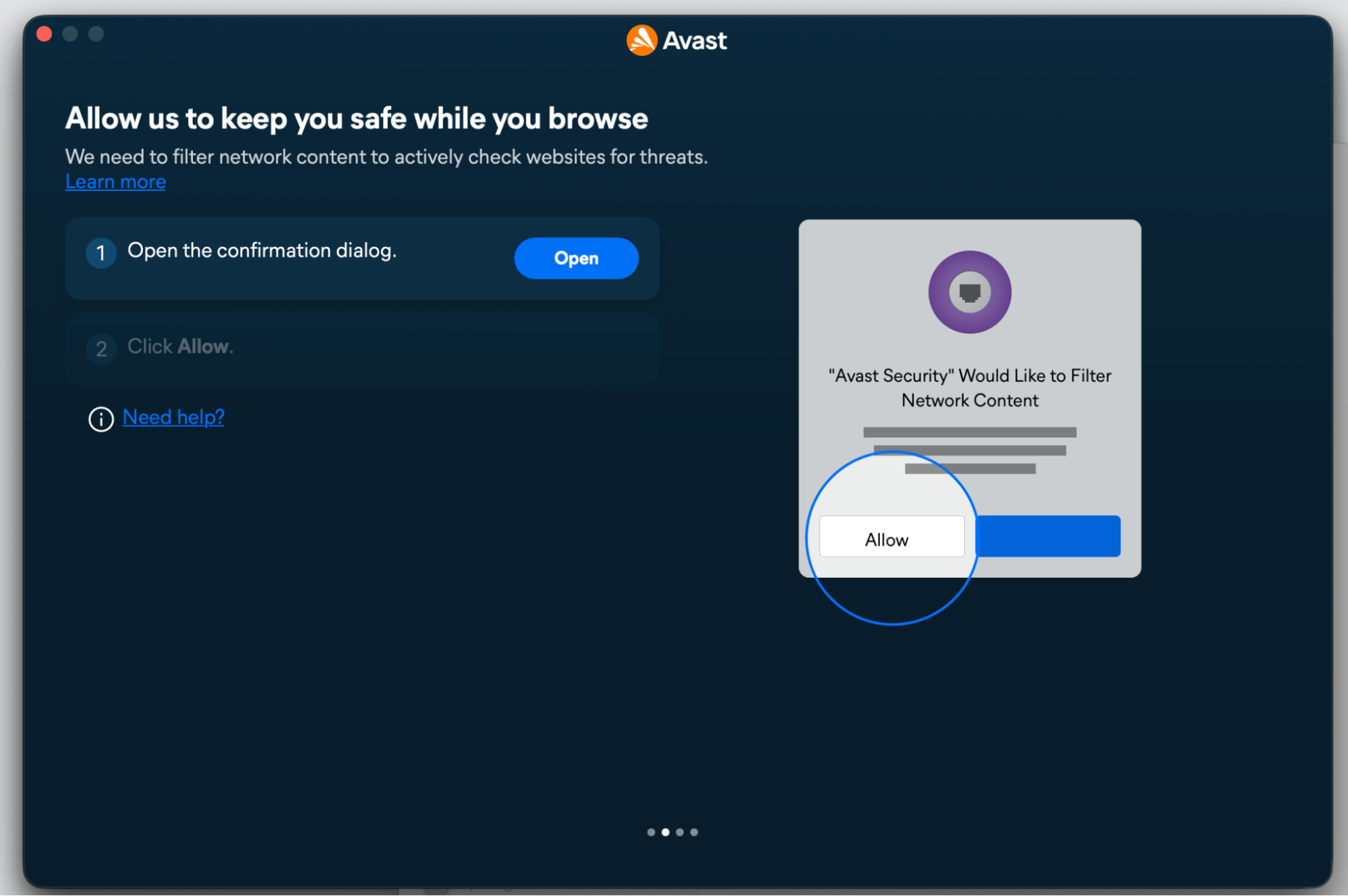 Avast web protection screen on macOS with the Allow button to adjust settings and stop the bad search engine warning on Mac.