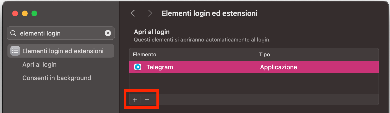 La finestra con la scheda Elementi login selezionata e la casella dell’app contrassegnata, pronta per essere rimossa dall’avvio tramite il pulsante meno.