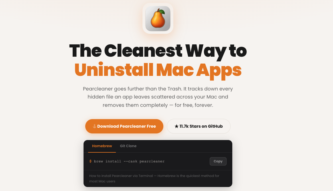 Pearcleaner open-source uninstaller homepage on an Apple laptop, showing the Download Pearcleaner Free button and Homebrew install command.