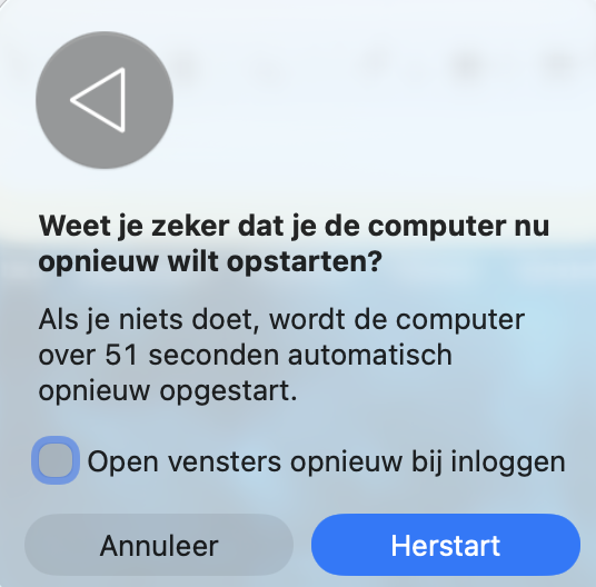 De pop-upmelding Herstart die de gebruiker vraagt het herstarten van je Apple-apparaat te bevestigen. Klik op de knop Herstart.