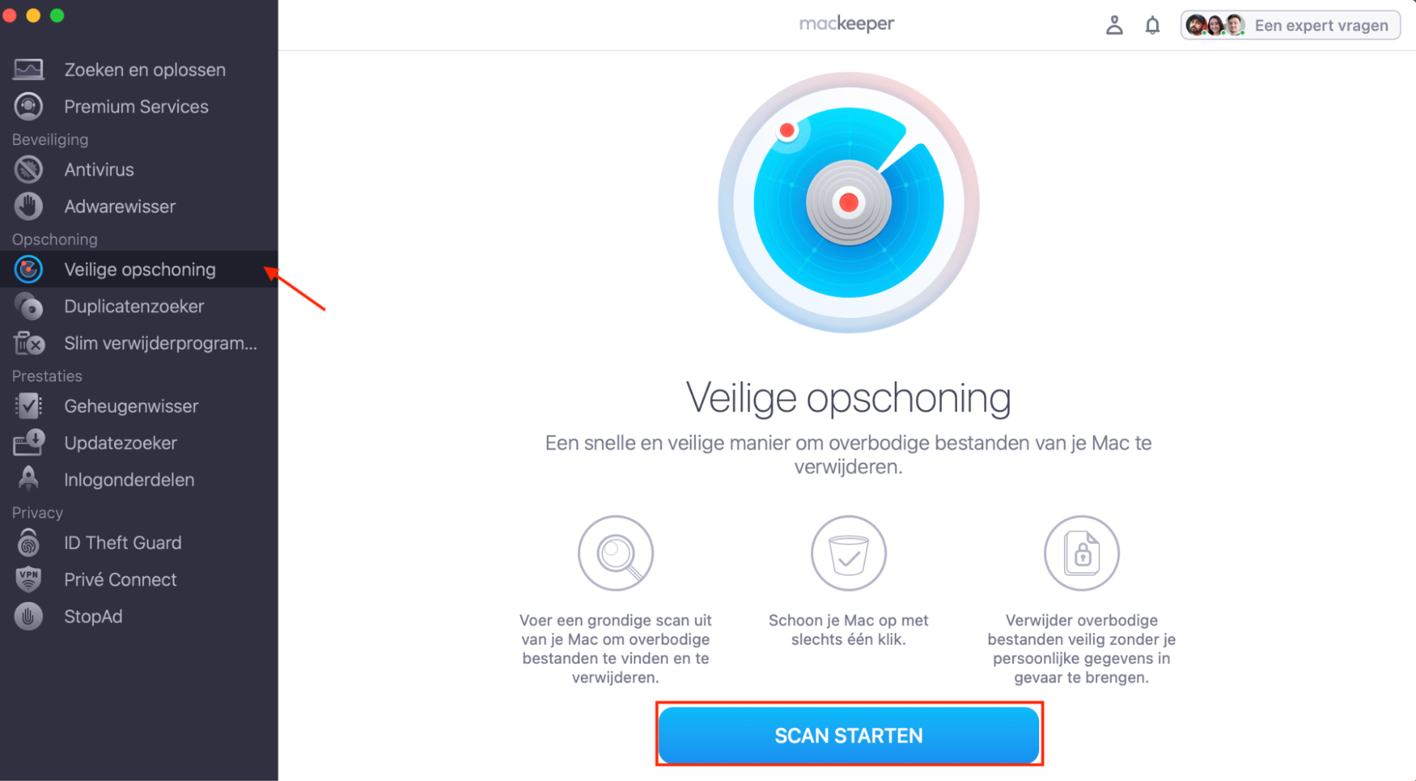 Ga naar MacKeeper en kies Veilige Opschoning, dat je vindt onder Opschonen. Hier kun je vervolgens op Scan starten klikken om verder te gaan.