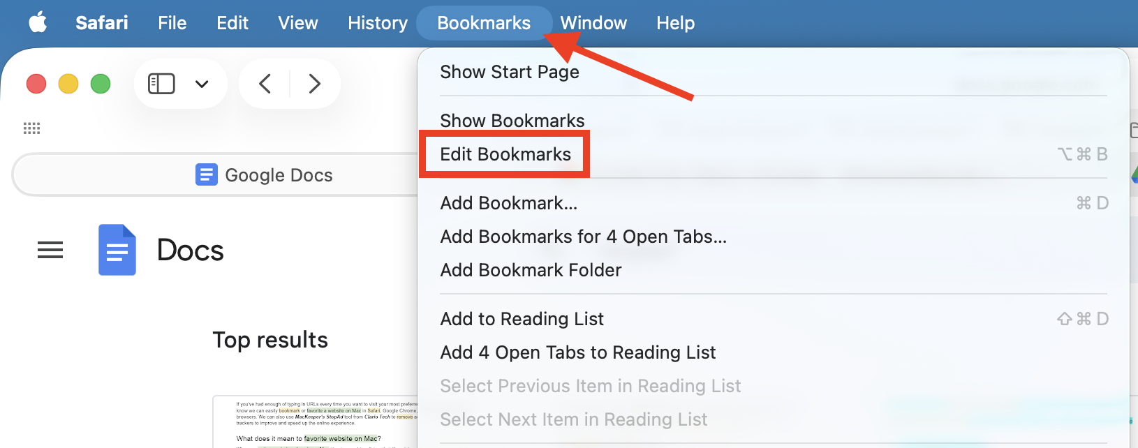 The Edit Bookmarks option inside the Bookmarks menu in Safari on Mac. To unfavorite a website that's in your bookmarks, you can right-click the site in your Bookmarks list, then click Delete.