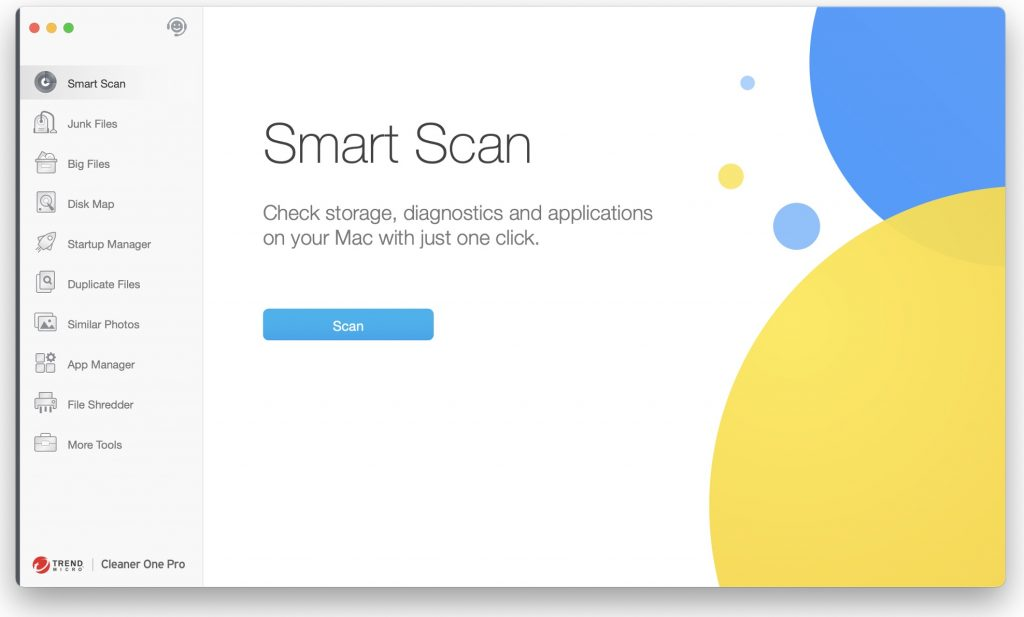 Click Scan inside Smart Scan to run a one-click system check and review the junk files, large files, and startup items it flags on your Mac.