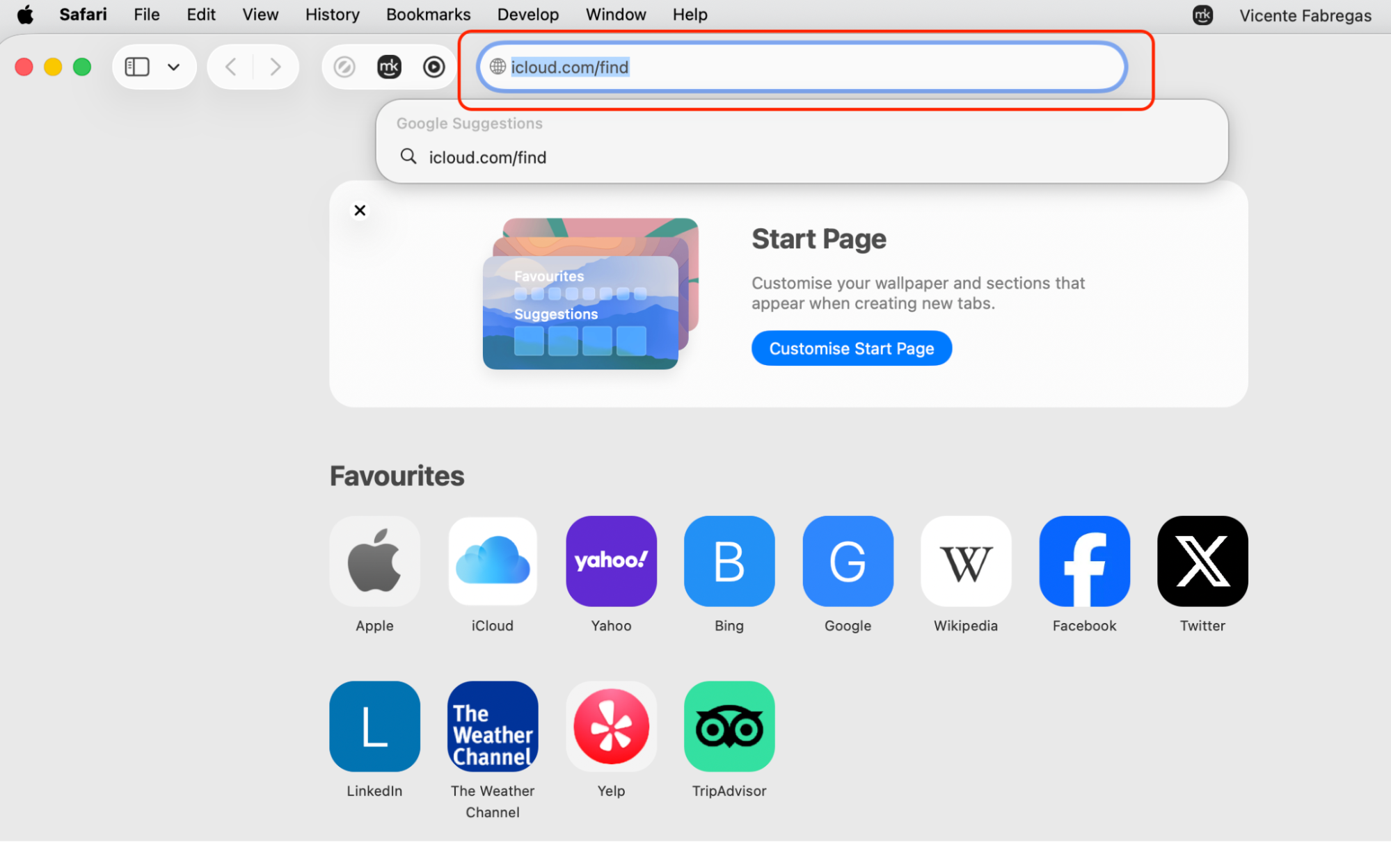 Safari address bar on a Mac showing icloud.com/find typed in to open Find My and remotely erase an Apple computer from any browser.