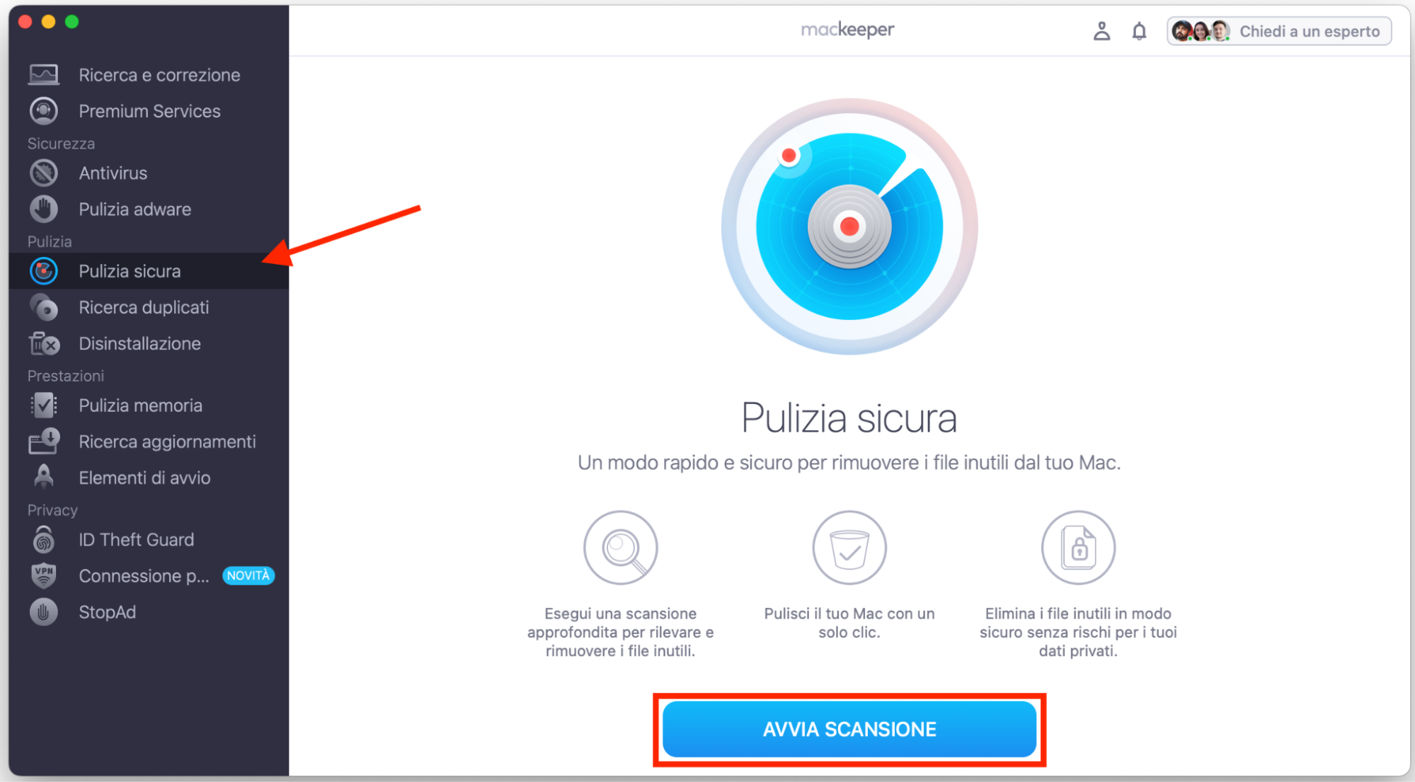 Cancella le cache dal tuo Mac in modo più semplice con la funzione Pulizia Sicura di MacKeeper. Seleziona Pulizia > Pulizia Sicura, poi tocca Avvia scansione per continuare.