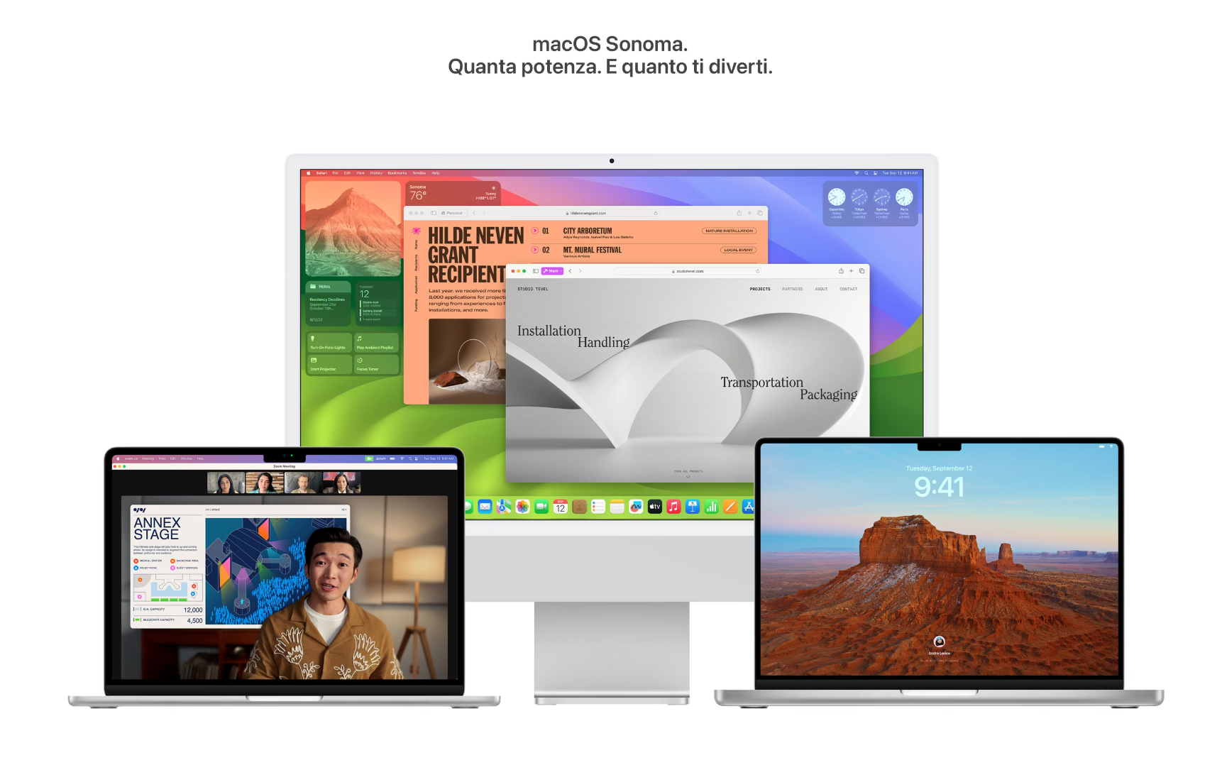 Finestra panoramica di macOS Sonoma che mostra il design dell’interfaccia su Mac e mette in evidenza la facilità d’uso tipica dei laptop Apple.