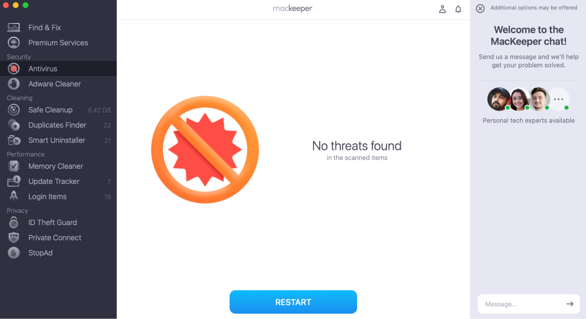 Now, remove malware with MacKeeper's Antivirus until you see the 'no threats found' confirmation after the rescan. Now, remove malware with MacKeeper's Antivirus until you see the 'no threats found' confirmation after the rescan.