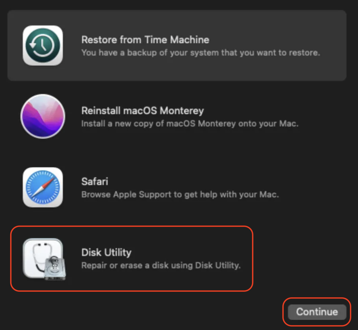 Disk Utility inside Recovery mode on Mac. Check your startup disk for errors in Disk Utility when macOS Monterey cannot be installed on Macintosh HD.