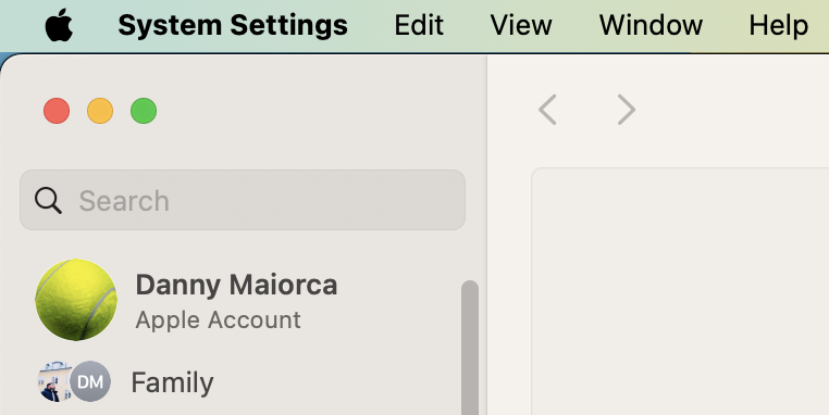 Go to System Settings to sign into your Apple Account on your Mac. You'll see the option at the top of the toolbar on the left-hand side.