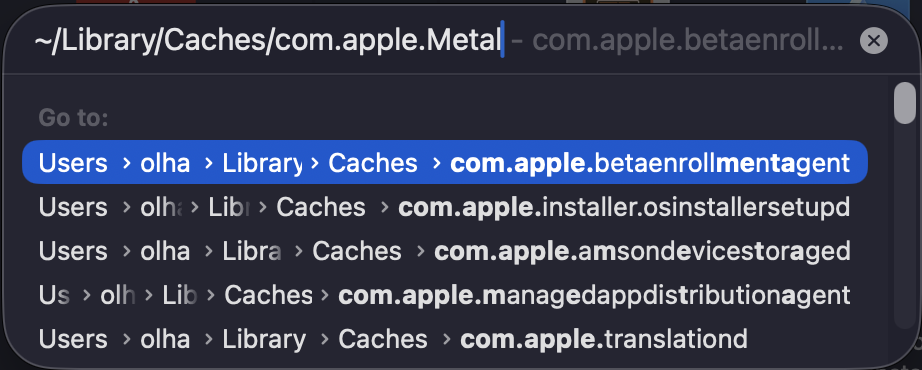 The Go to Folder search bar in macOS Finder shows the path ~/Library/Caches/com.apple.Metal pasted inside it.