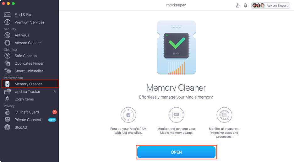 To clear your Mac’s memory, launch MacKeeper’s Memory Cleaner under Performance.