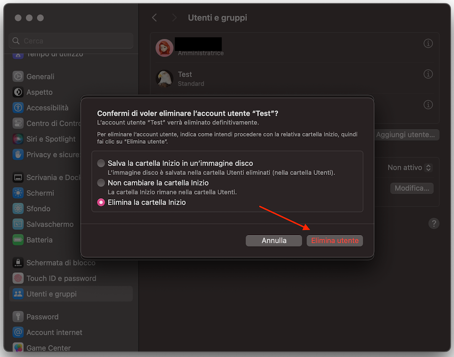 Le Impostazioni di sistema del Mac mostrano il menu Utenti e gruppi. Per eliminare un vecchio account utente, clicca sul pulsante i accanto all’account, poi seleziona Elimina utente.
