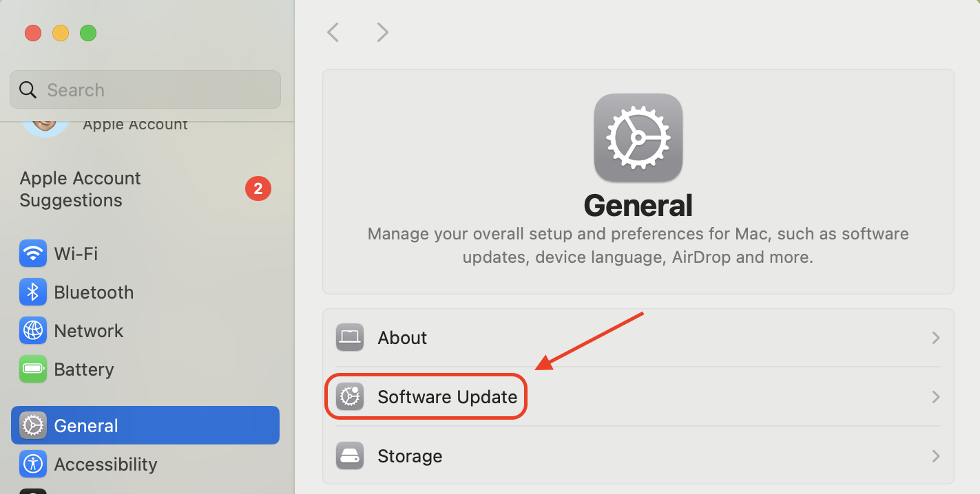 Go to System Settings, then General, and select Software Update to install the latest macOS version if your system is outdated.