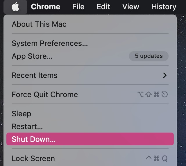 The option to Shut Down a Mac inside the Apple menu. Do this before booting into Safe Mode to try opening potentially corrupted files on Mac.