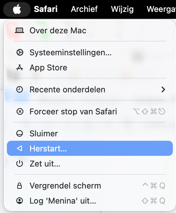 Los problemen met Finder op je Mac op door op het Apple-menu te klikken en Herstart te selecteren. Vervolgens kun je het proces voortzetten en zou je apparaat weer normaal moeten werken.
