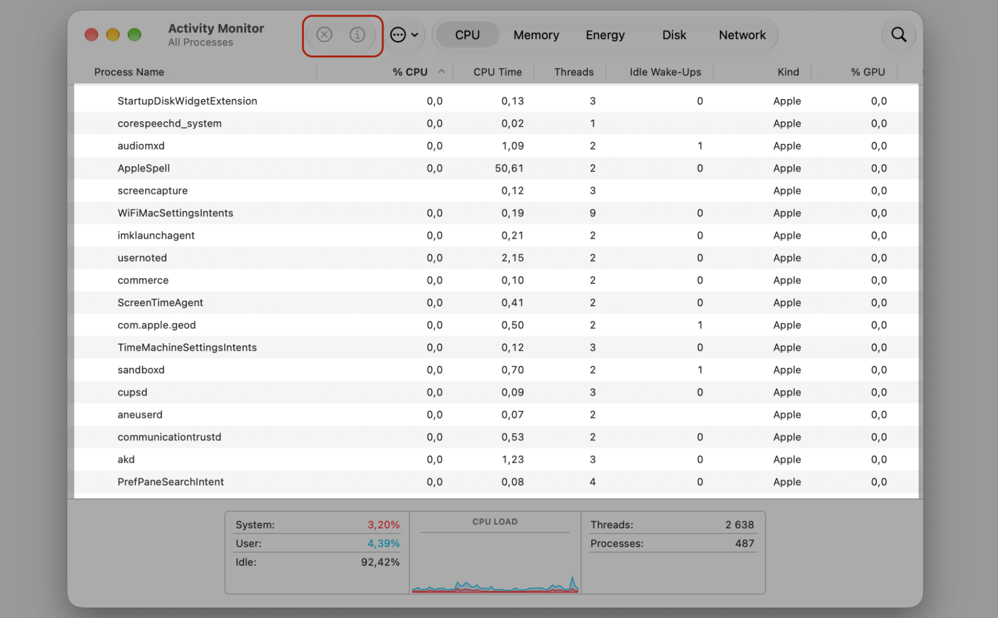 Activity Monitor on macOS with a high-resource process selected and the X button used to quit it so stuck Mac apps can open.