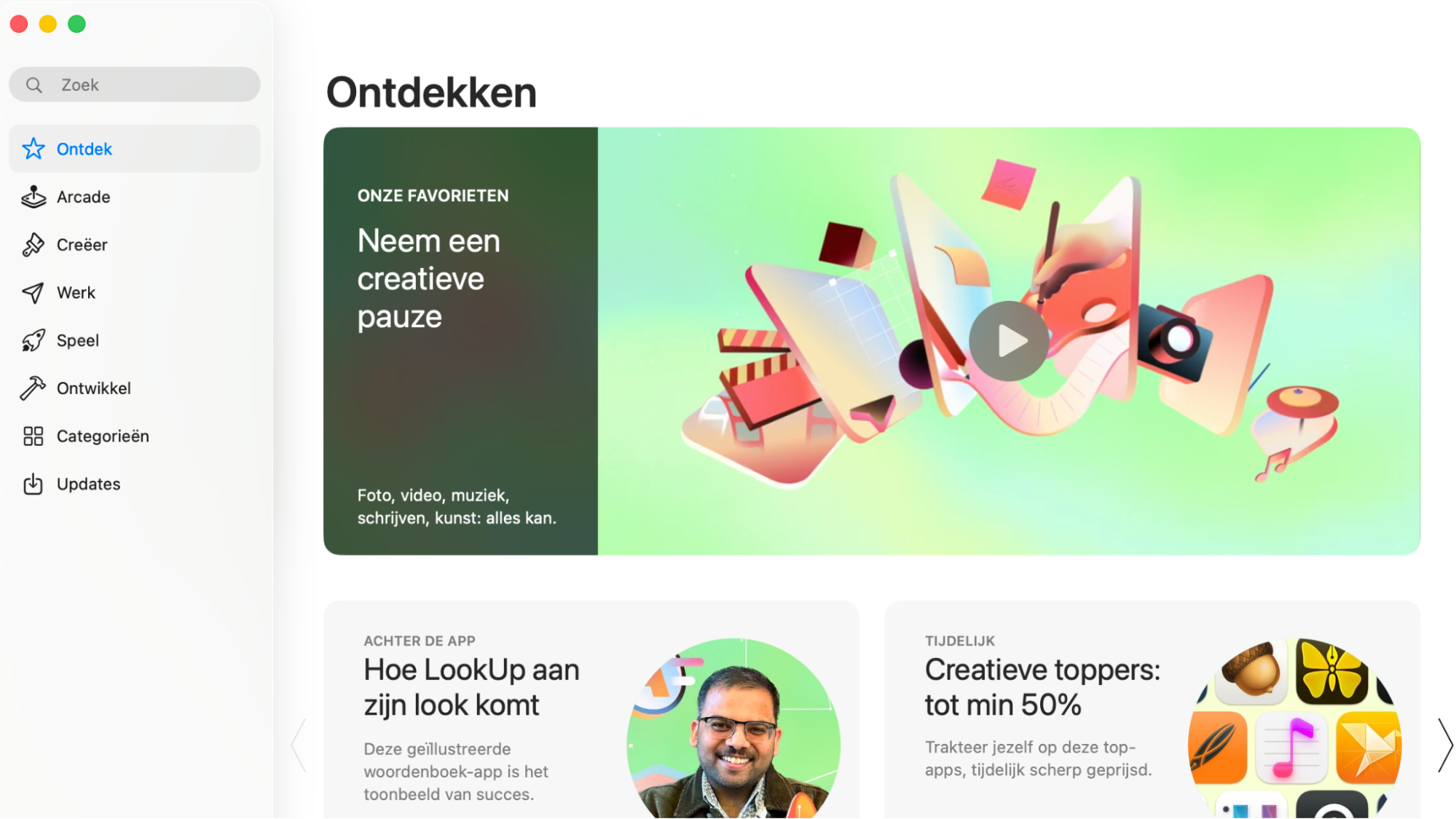 Het beginscherm van de App Store toont aanbevelingen van apps die je kunt downloaden en uitproberen, evenals het linkermenu voor eenvoudige navigatie binnen de verschillende softwarecategorieën.