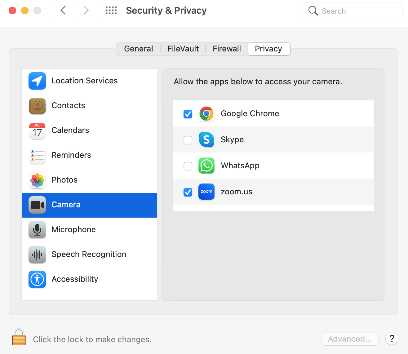 Camera settings are shown on a Mac. Click on Camera in the sidebar and uncheck the boxes next to each app to turn off the Mac camera.