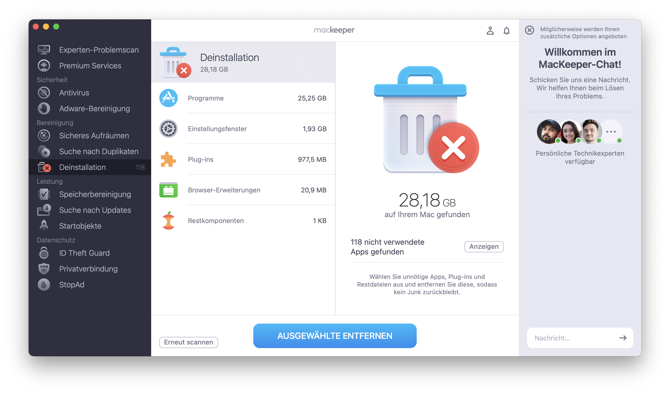 Deinstallation von MacKeeper hat den Scan Ihres Macs abgeschlossen. Wählen Sie die Elemente aus, die Sie löschen möchten, und klicken Sie auf Ausgewählte entfernen.