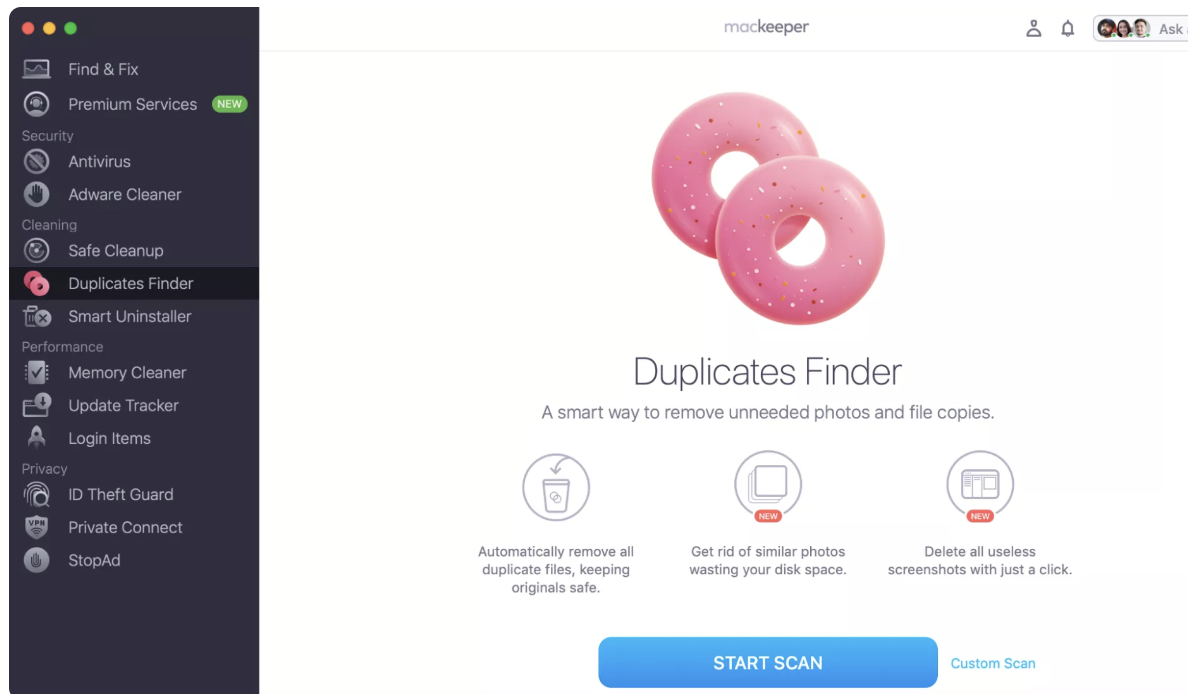 To find and remove copies from your Mac, run MacKeeper and select Duplicates Finder from the left-hand menu, then click Start Scan.