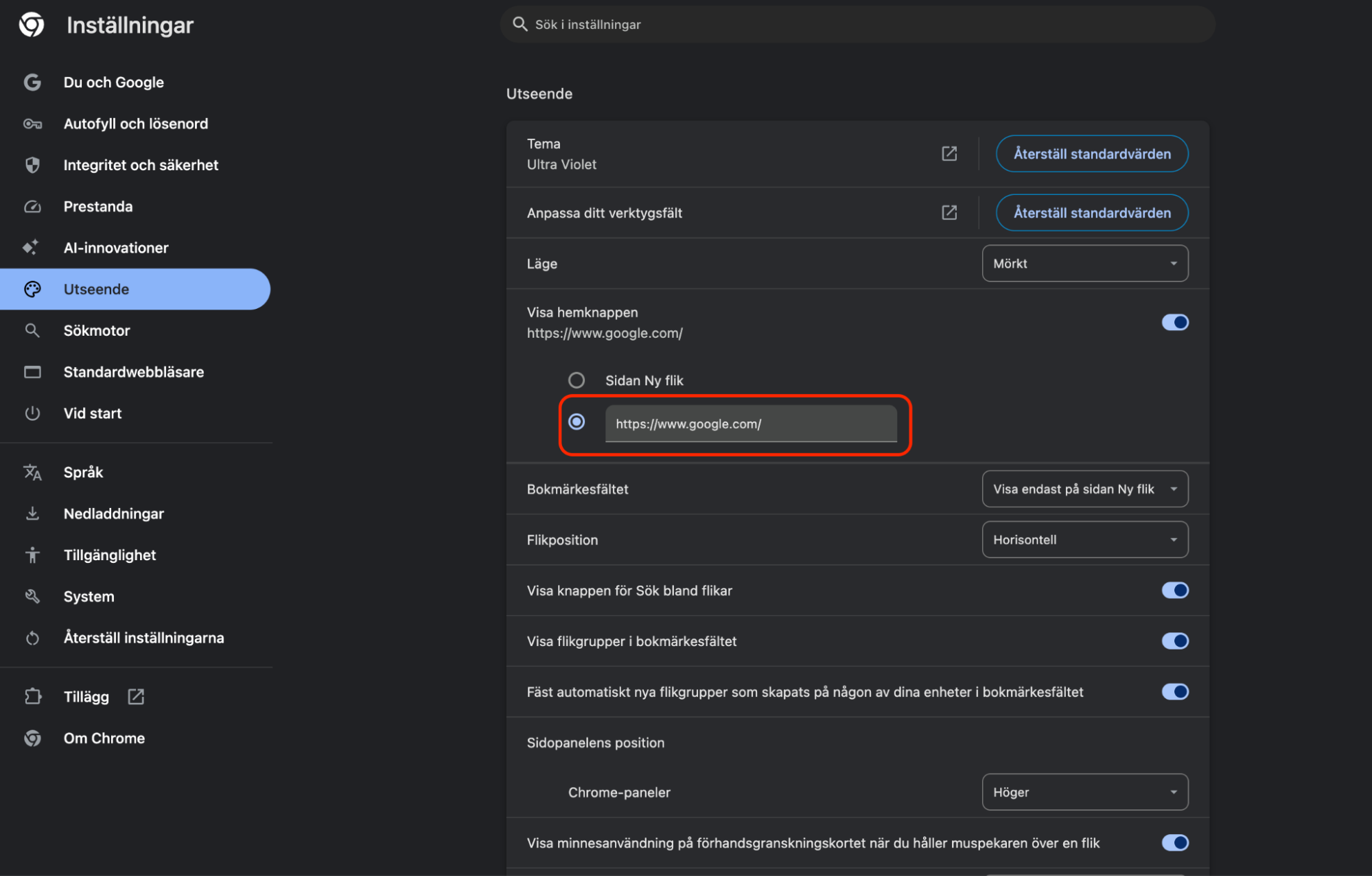 I dina Chrome-inställningar, välj Utseende i menyn till vänster. Under Visa hemknappen, se till att din önskade startsida är angiven i rutan.