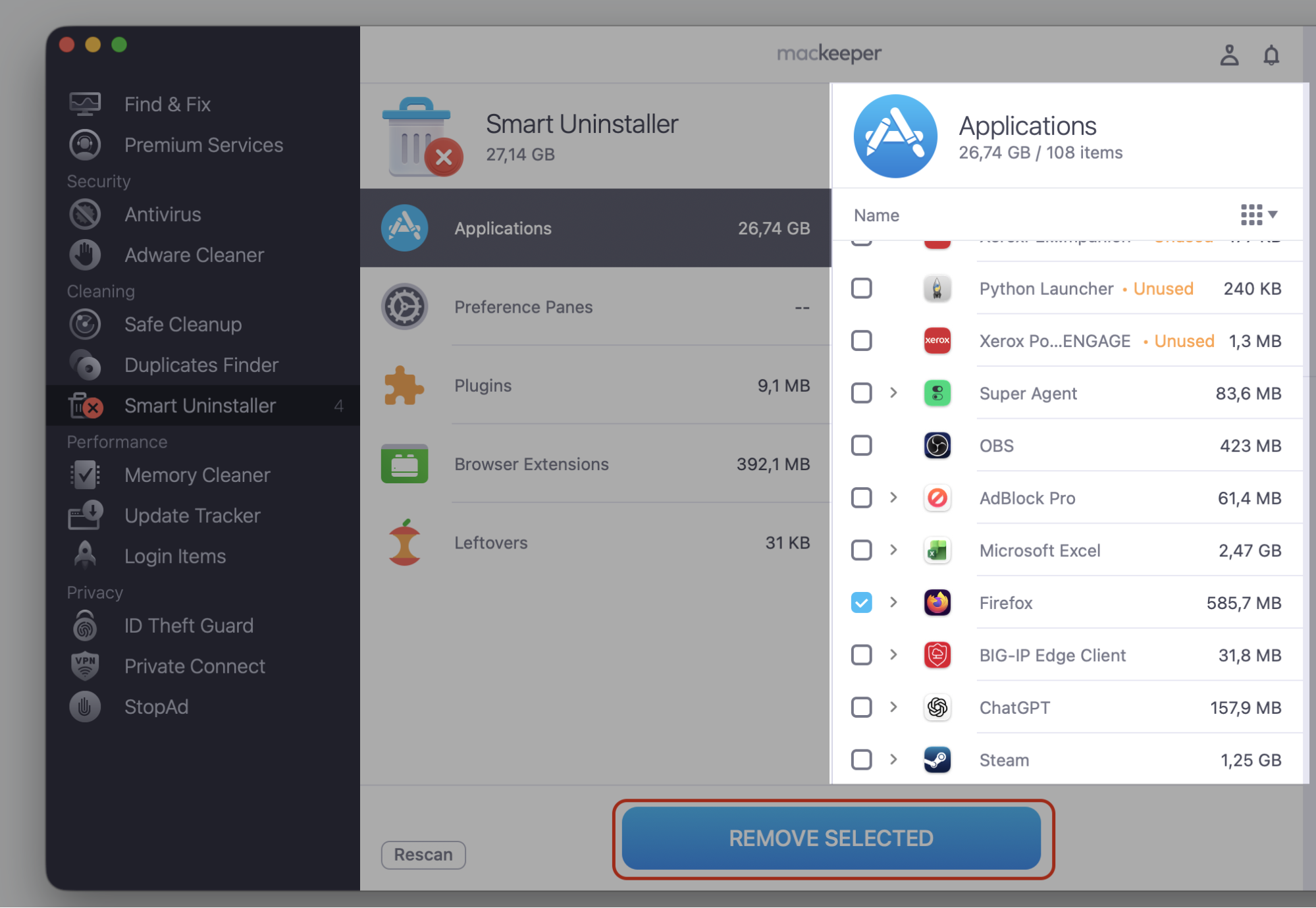 MacKeeper's Smart Uninstaller Applications tab on an Apple computer, with Firefox ticked and the Remove Selected button highlighted to delete it.