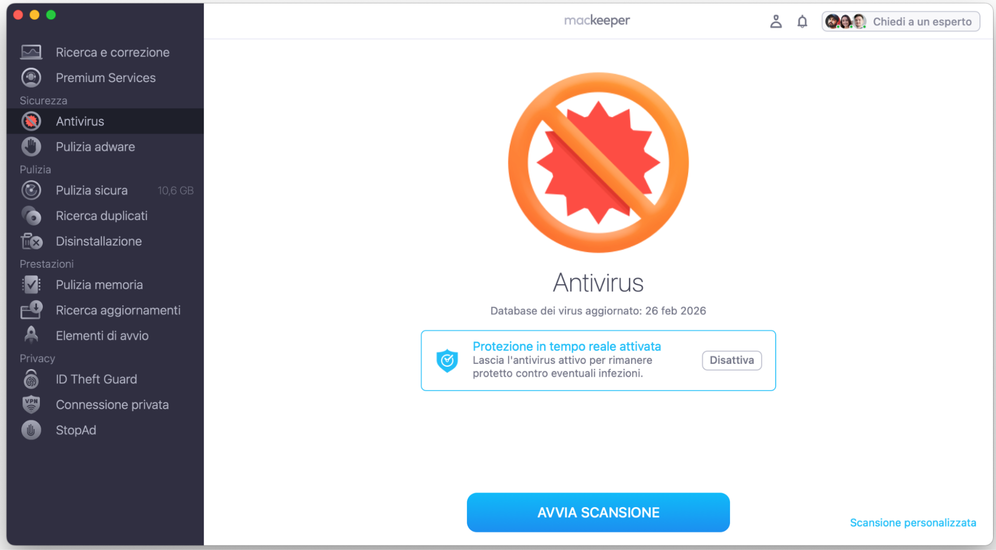 Per rilevare i keylogger su Mac, è consigliabile eseguire una scansione malware con un’app di terze parti affidabile come MacKeeper. Dopo aver scaricato l’app sul Mac, aprila, seleziona la funzione Antivirus e fai clic su Avvia scansione.