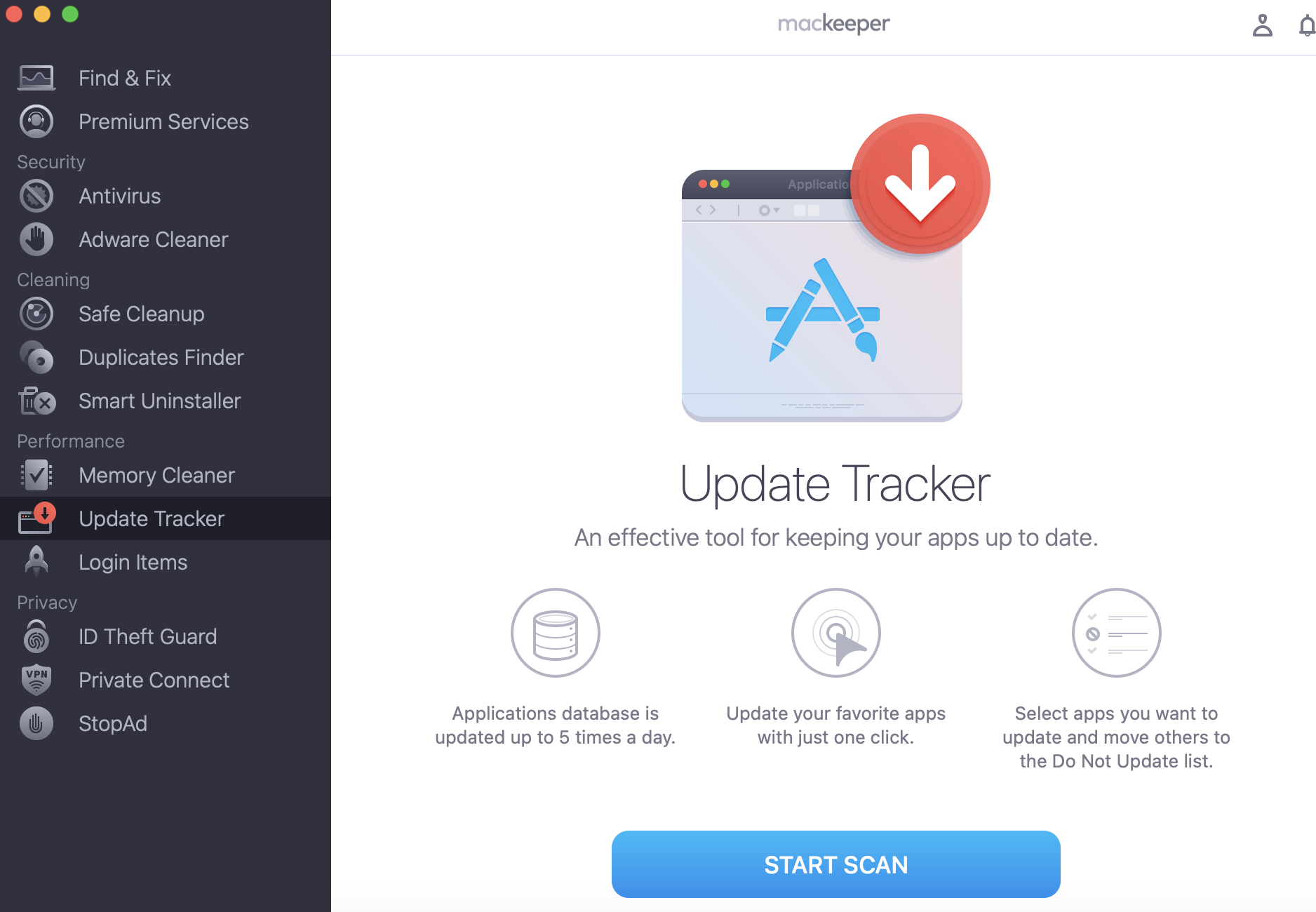 To fix your MacBook screen flickering, update your apps with MacKeeper’s Update Tracker. Open the app, select this feature, and click Start Scan.