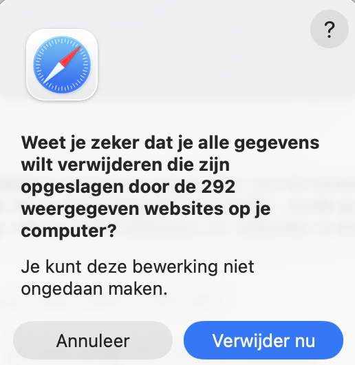 Safari op de Mac toont het bevestigingsvenster voor het verwijderen van alle websitedata. Klik op ‘Verwijder nu’ om alle tijdelijke cachebestanden te verwijderen.