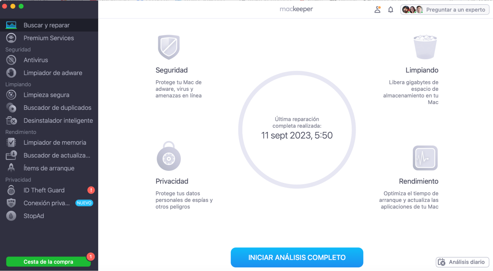 Para detectar un problema de Wi-Fi en tu Mac, utiliza la herramienta Buscar y Reparar de MacKeeper. Inicia MacKeeper, selecciona Buscar y reparar en la parte izquierda y haz clic en Iniciar análisis completo.