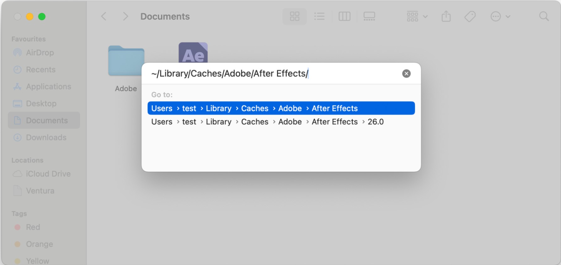 macOS Finder Go to Folder dialog with ~/Library/Caches/Adobe/After Effects/ path typed to manually delete After Effects cache on Mac.