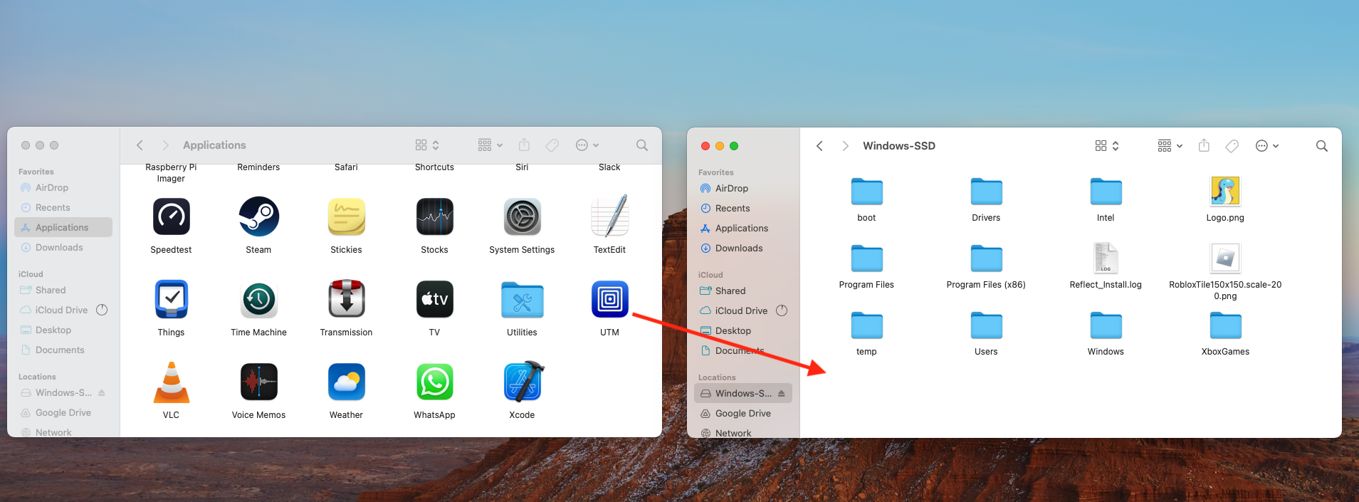 Finder op Mac met de map  Apps naast een map van een externe schijf. Sleep apps naar de externe schijf om ze over te zetten naar een nieuwe Mac zonder Migratie-assistent te gebruiken.