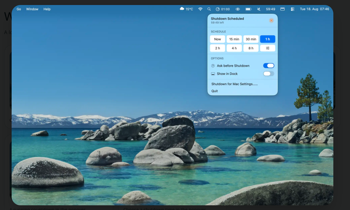 ShutdownBar menu-bar timer on macOS with Now, 15 min, 30 min, and 1 h options to set a countdown before the Mac shuts down automatically.