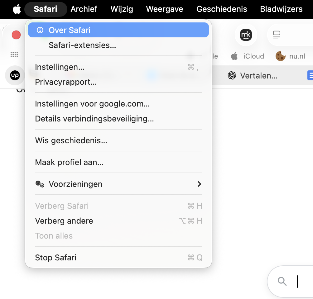 Klik vervolgens op de optie Over Safari. Hier kun je de versie van Safari terugvinden.