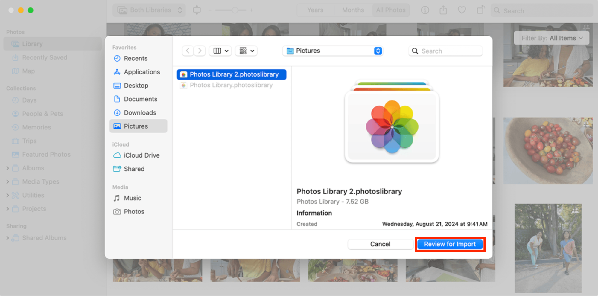 The Import option inside the Photos app on Mac. You can import a second library into Photos when you want to merge two photo libraries into one.