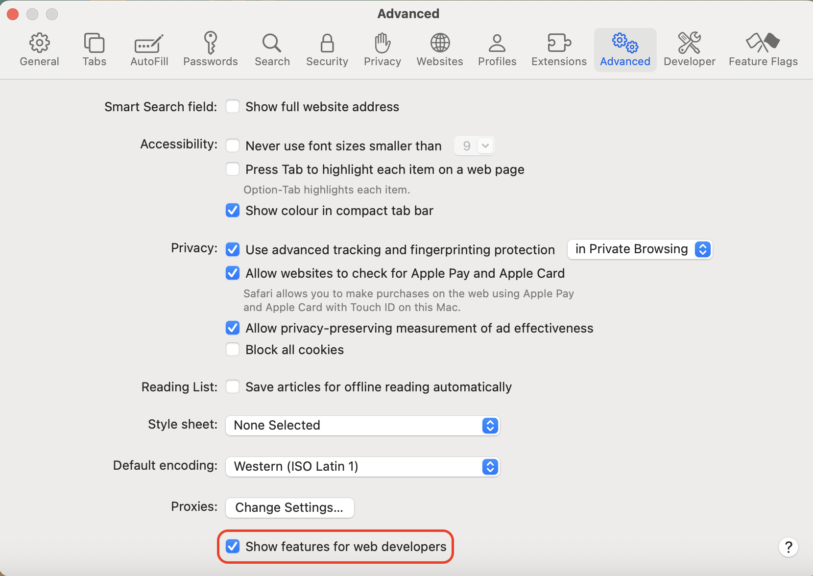 In Safari's Advanced settings, turn on Show features for web developers to enable the Develop menu for clearing caches and other troubleshooting tools.