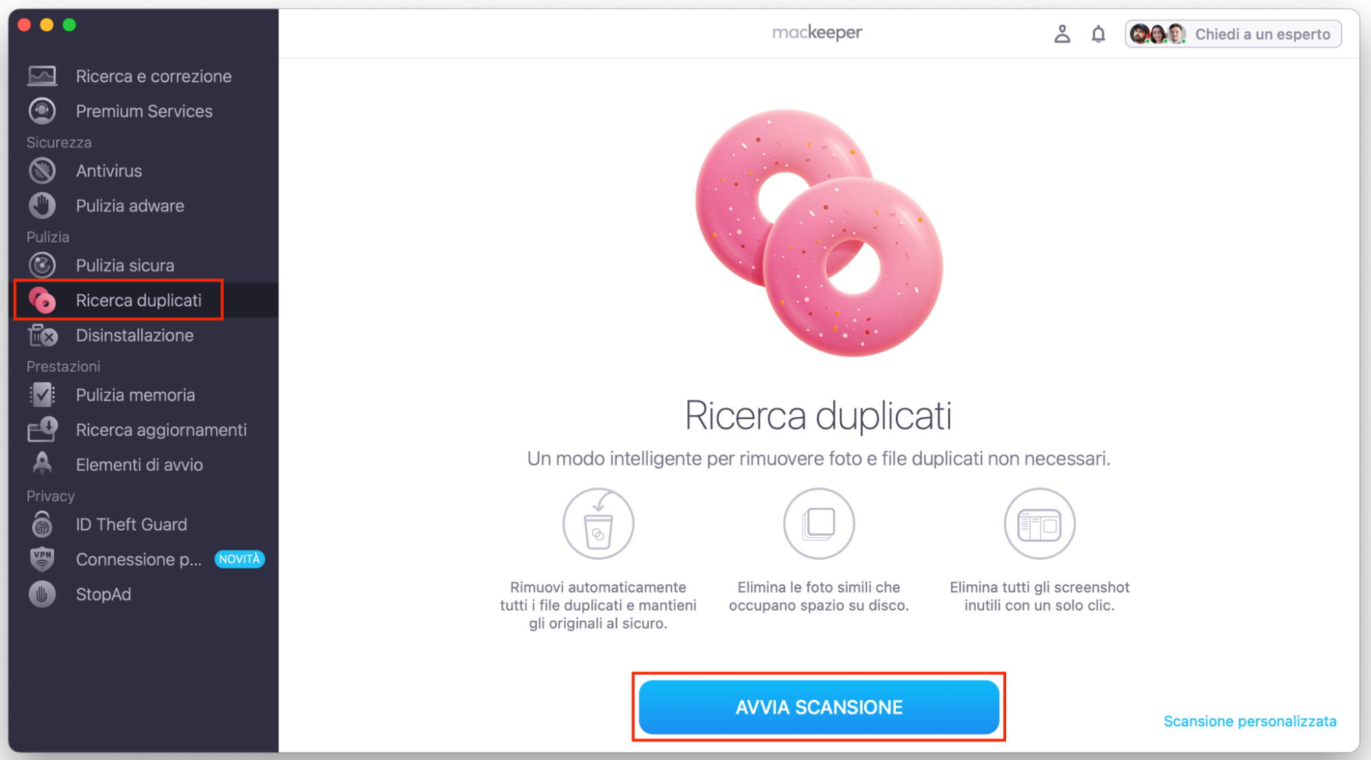 Per eliminare le foto duplicate su Mac, apri l’app MacKeeper e seleziona Ricerca Duplicati dal menu laterale. Quindi clicca su Avvia scansione per trovare tutti i file duplicati presenti sul tuo Mac.