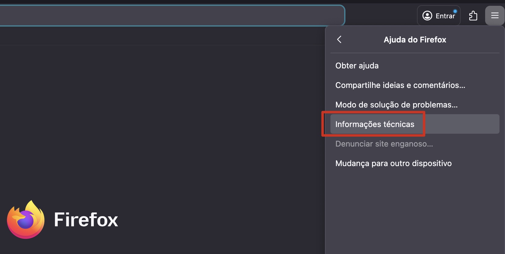 Para continuar com a redefinição do Firefox no seu Mac, encontre e selecione a opção Informações técnicas.