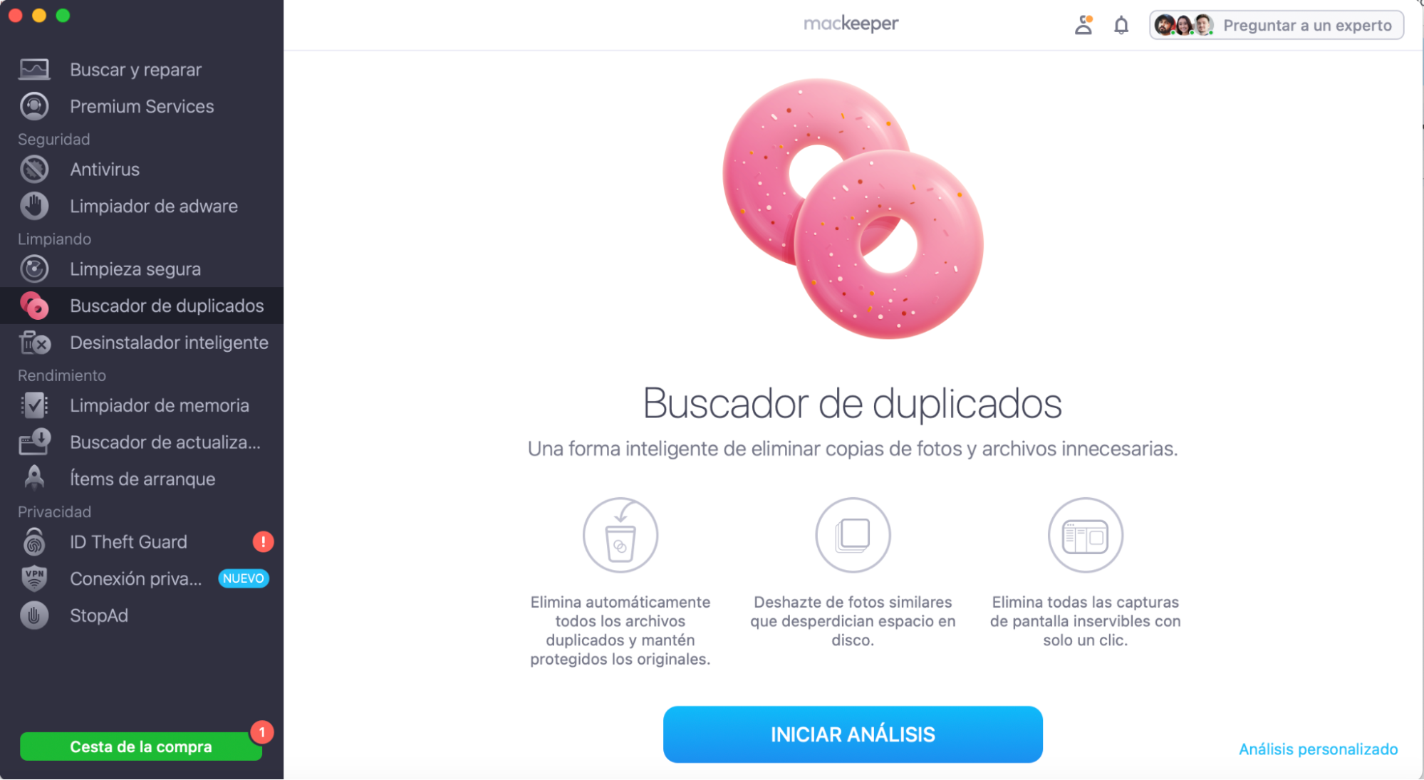 Para eliminar copias de tus fotos, utiliza el Buscador de duplicados de MacKeeper. Inicia MacKeeper y busca Buscador de duplicados, haz clic en Iniciar análisis.