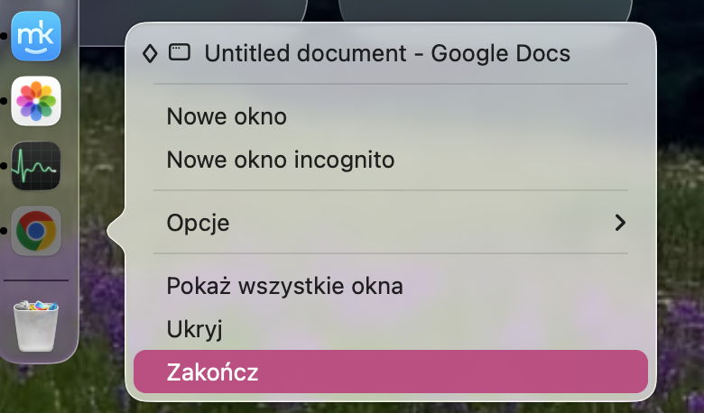 Aby wymusić zamknięcie aplikacji z poziomu Docka, kliknij prawym przyciskiem myszy ikonę aplikacji, która nie odpowiada w Docku, a następnie kliknij Zakończ.