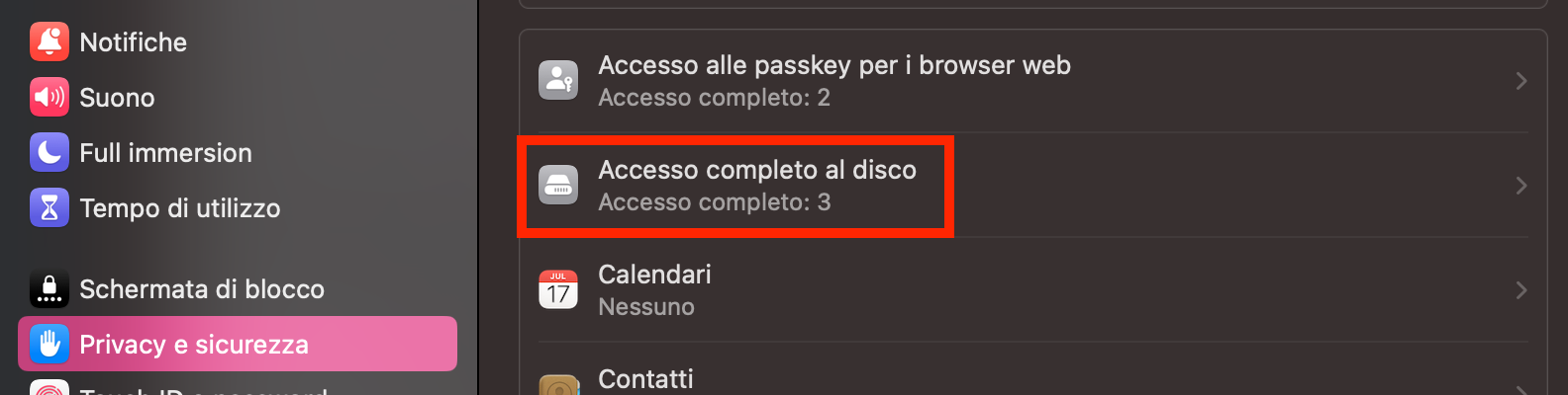 Apri le Impostazioni di sistema per continuare la configurazione, poi clicca su Privacy e sicurezza > Accesso completo al disco per permettere a MacKeeper di funzionare.