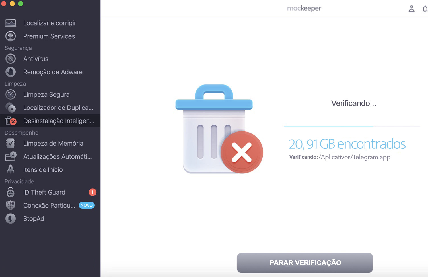 A Desinstalação Inteligente O Smart Uninstaller do MacKeeper está escaneando seu Mac em busca de itens desnecessários.