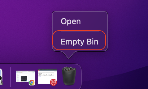 The contextual menu for the Trash can on macOS. After deleting files to free up space when macOS Monterey cannot be installed on Macintosh HD, empty the Trash to completely remove them from your Mac.