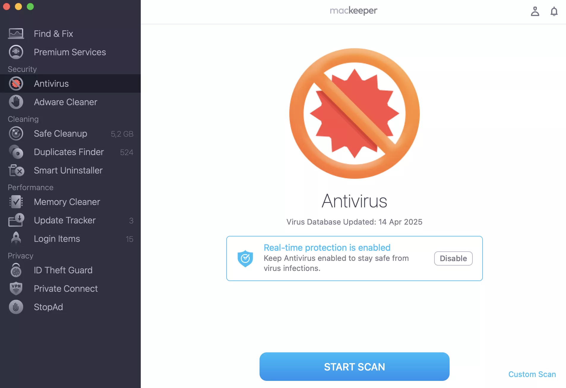 MacKeeper’s Antivirus is open on a Mac. Click Enable and Start Scan to check your Mac for viruses like Accessible Search Engine.