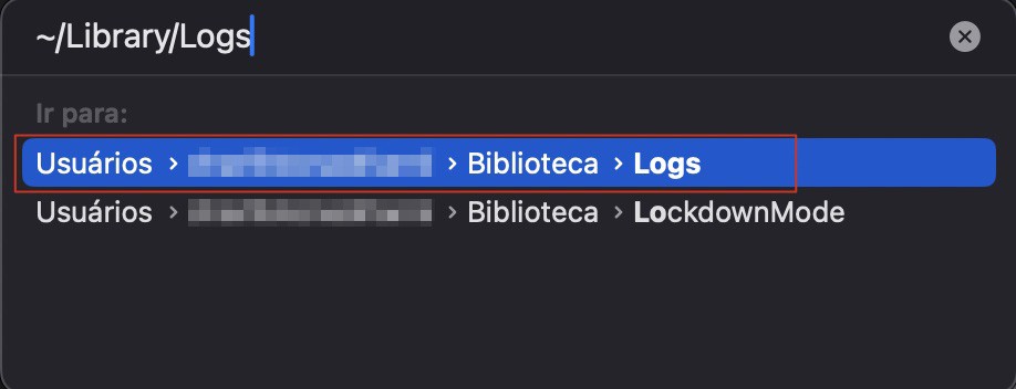 Agora, como próximo passo na janela Ir para Pasta, digite ~/Library/Logs e clique em Ir para abrir a pasta Logs no seu Mac.