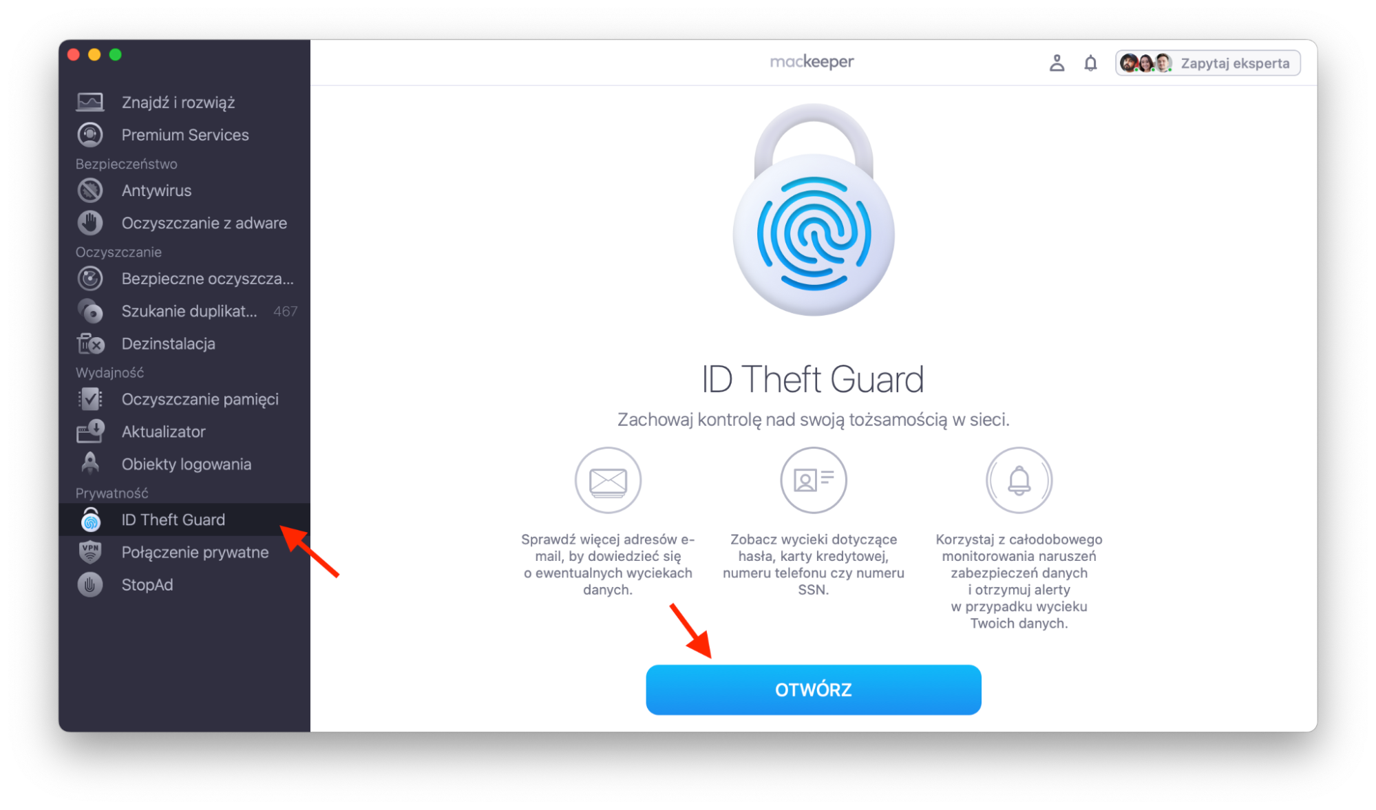 MacKeeper na Macu pokazuje ID Theft Guard. Aby sprawdzić, czy Twoja poczta e-mail została naruszona, kliknij przycisk Wyślij kod, aby zacząć.
