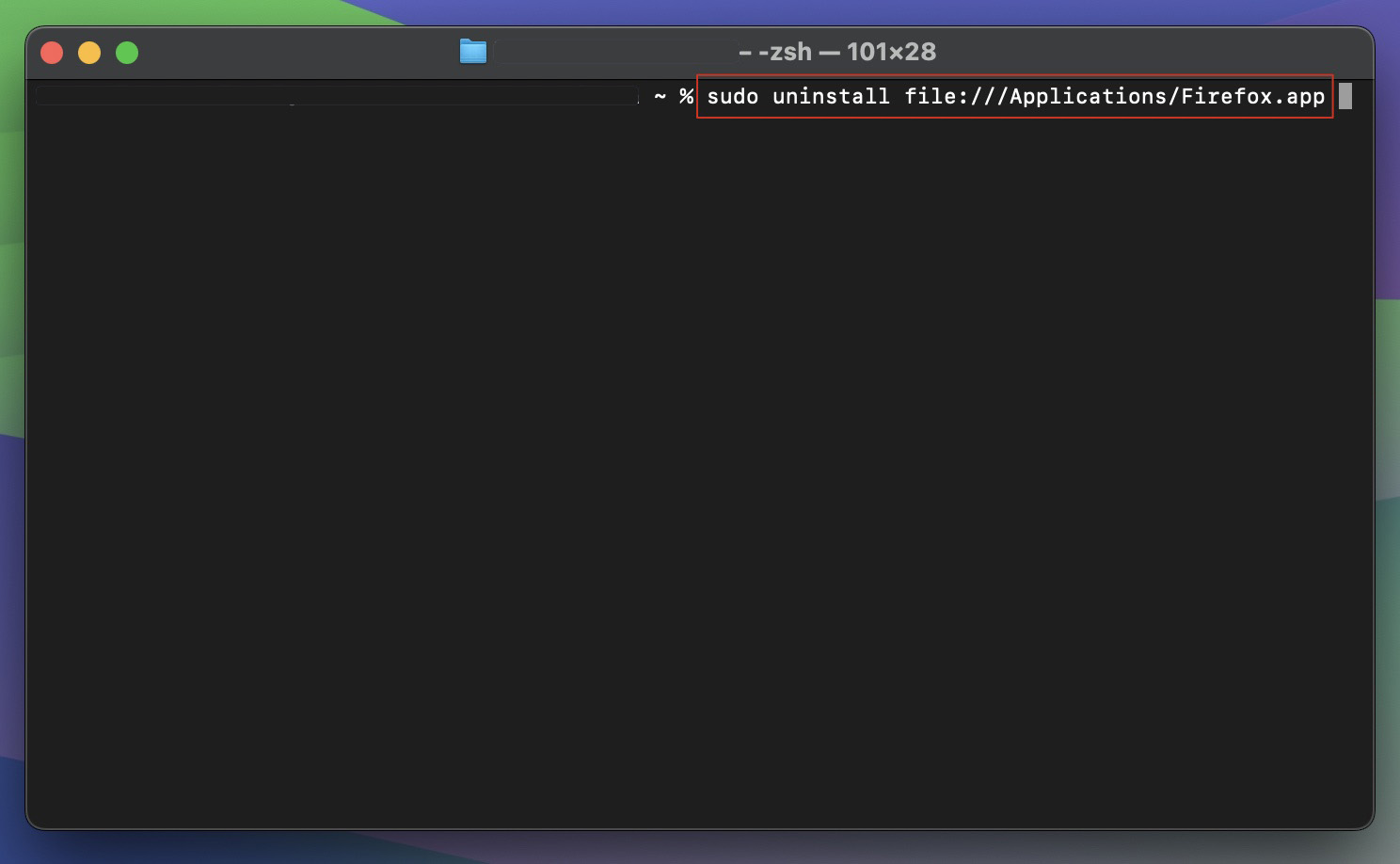 O Terminal no Mac mostrando o comando para desinstalar um aplicativo indesejado. Após arrastar seu aplicativo para a janela do Terminal, você pode pressionar Enter no teclado para concluir o processo.