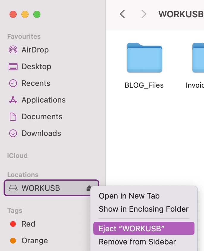 To restart your Mac, we first advise you to safely eject your connected hard drive to ensure no glitches or data loss occurs. Open Finder, head to Locations, and right-click on your connect drive. Then click Eject.