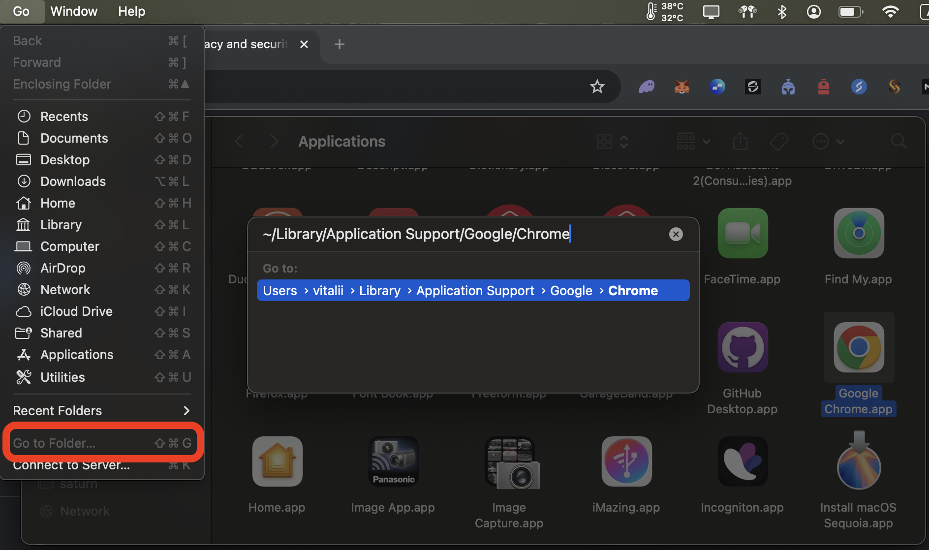 Finder Go to Folder dialog on macOS with the path to Library Application Support Google Chrome typed in to delete leftover files on a Mac.